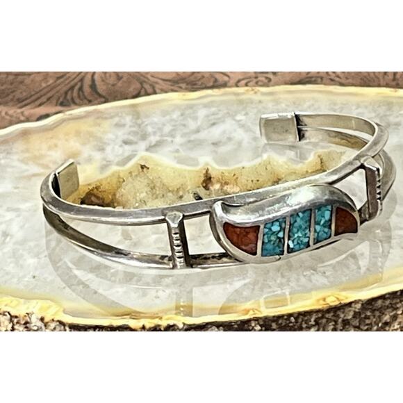 VTG Sterling Silver Turquoise Coral Chip Inlay Cuff Bracelet Navajo Style 19.9g - Picture 1 of 16